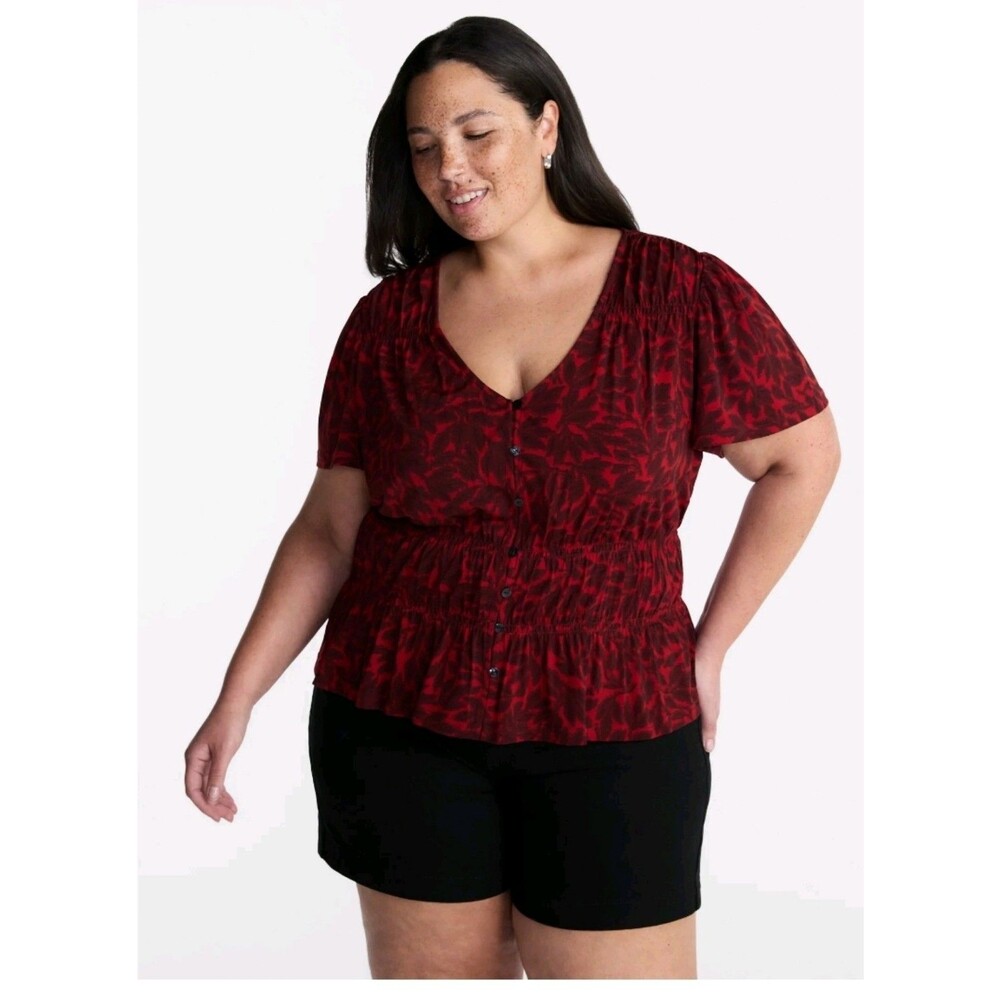 Terra & Sky Red Flutter Sleeve Smocked Blouse Women's 4X NWT